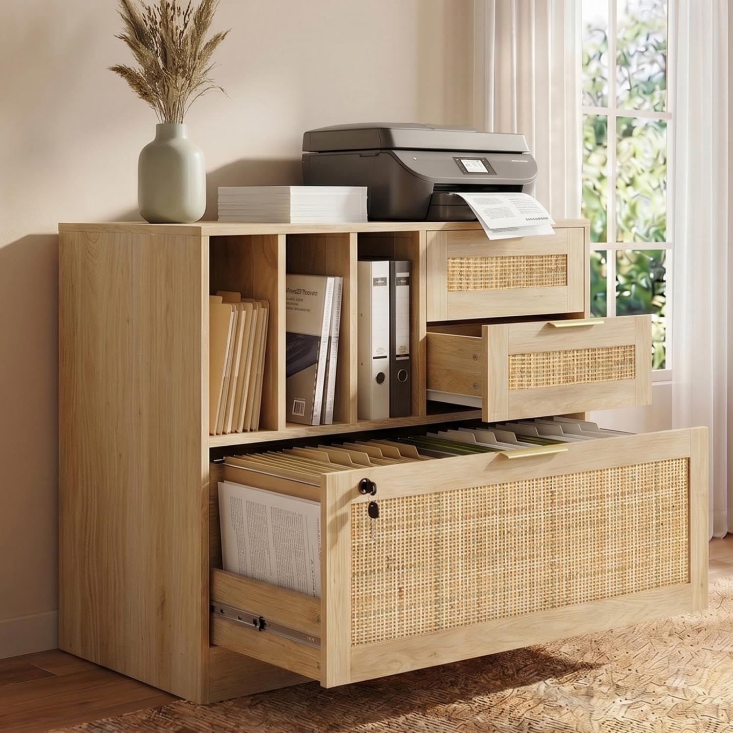 Home Security Features - Three Drawer Lateral Wood Rattan Filing
